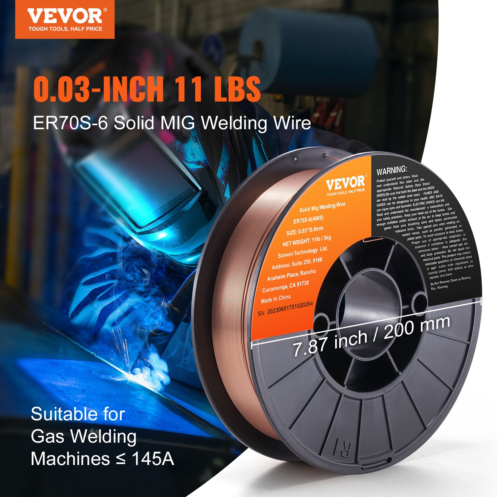 Main product image of VEVOR Solid MIG Welding Wire ER70S-6 0.03-inch 11LBS Mild Steel MIG Welding Wire