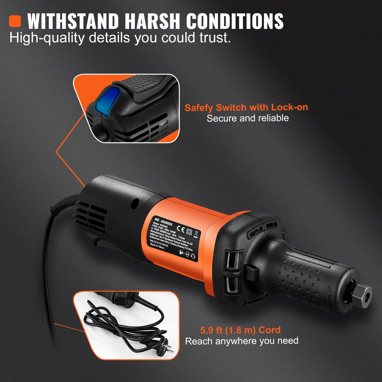 VEVOR Die Grinder, Collet Variable Speed10000-28000RPM, Heavy Duty Electric, Ergonomic Grip For Rust Removal, Grinding, Cutting, Polishing, Welding Repair, Deburring,