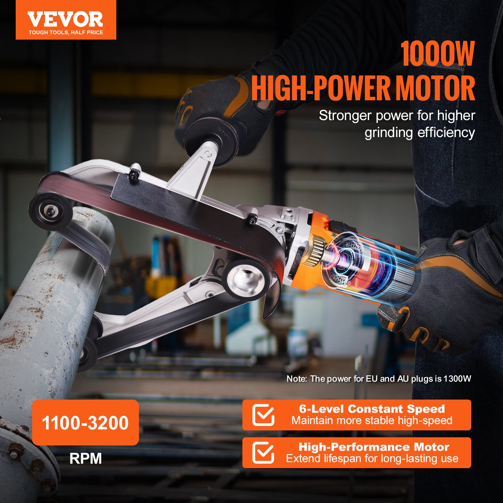 VEVOR Pipe Tube Polisher Sander, Pipe Belt Sander With 6 Variable Speeds 1100-3200rpm, Professional Belt Sander Grinding Machine With 3PCS Sanding Belts For Burnishing Finishing Rust Removal