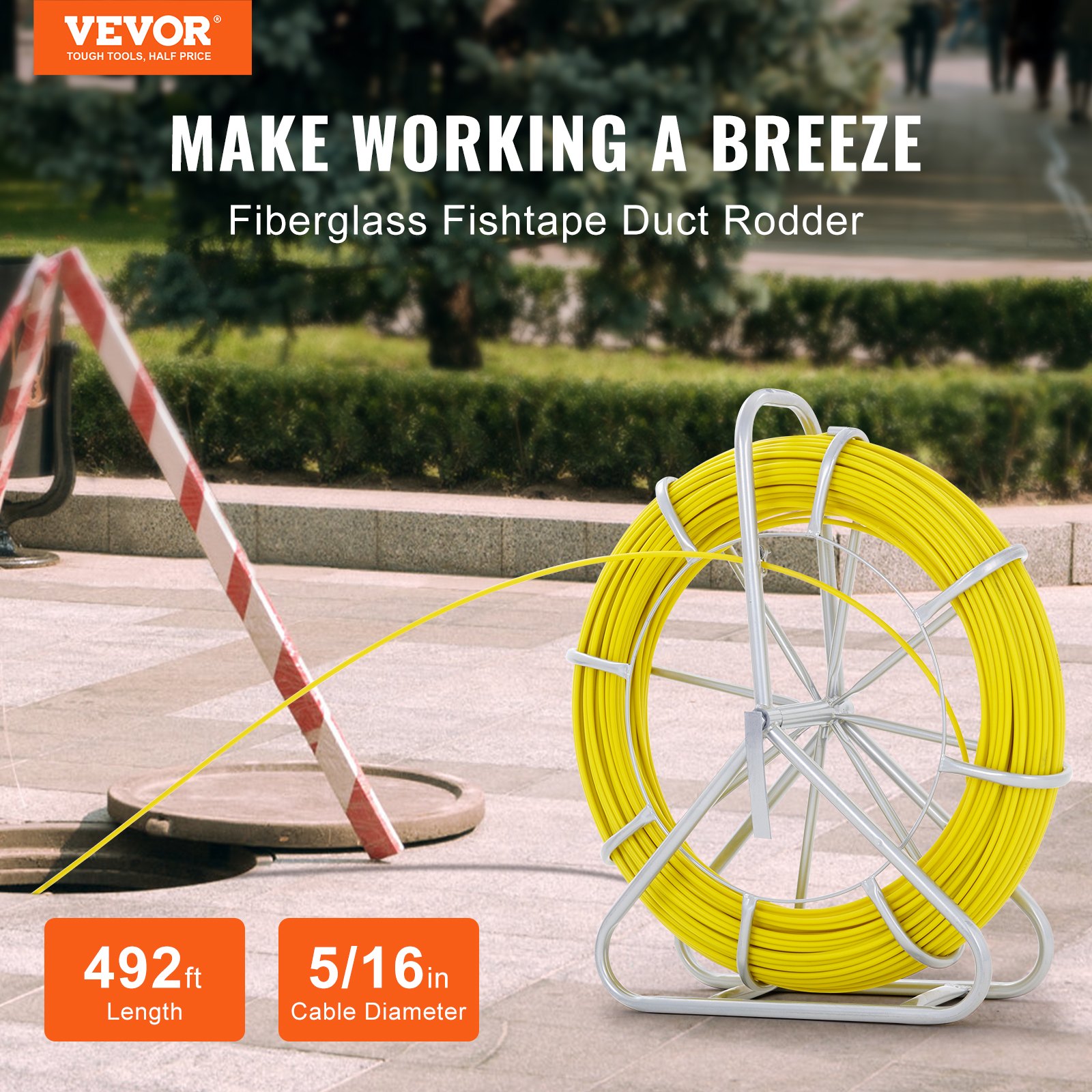 VEVOR Fish Tape Fiberglass, 492 Ft, Duct Rodder Fishtape Wire Puller, Cable Running Rod With Steel Reel Stand, 3 Pulling Heads, Fishing Tools For Walls And Electrical Conduit, Non-Conductive