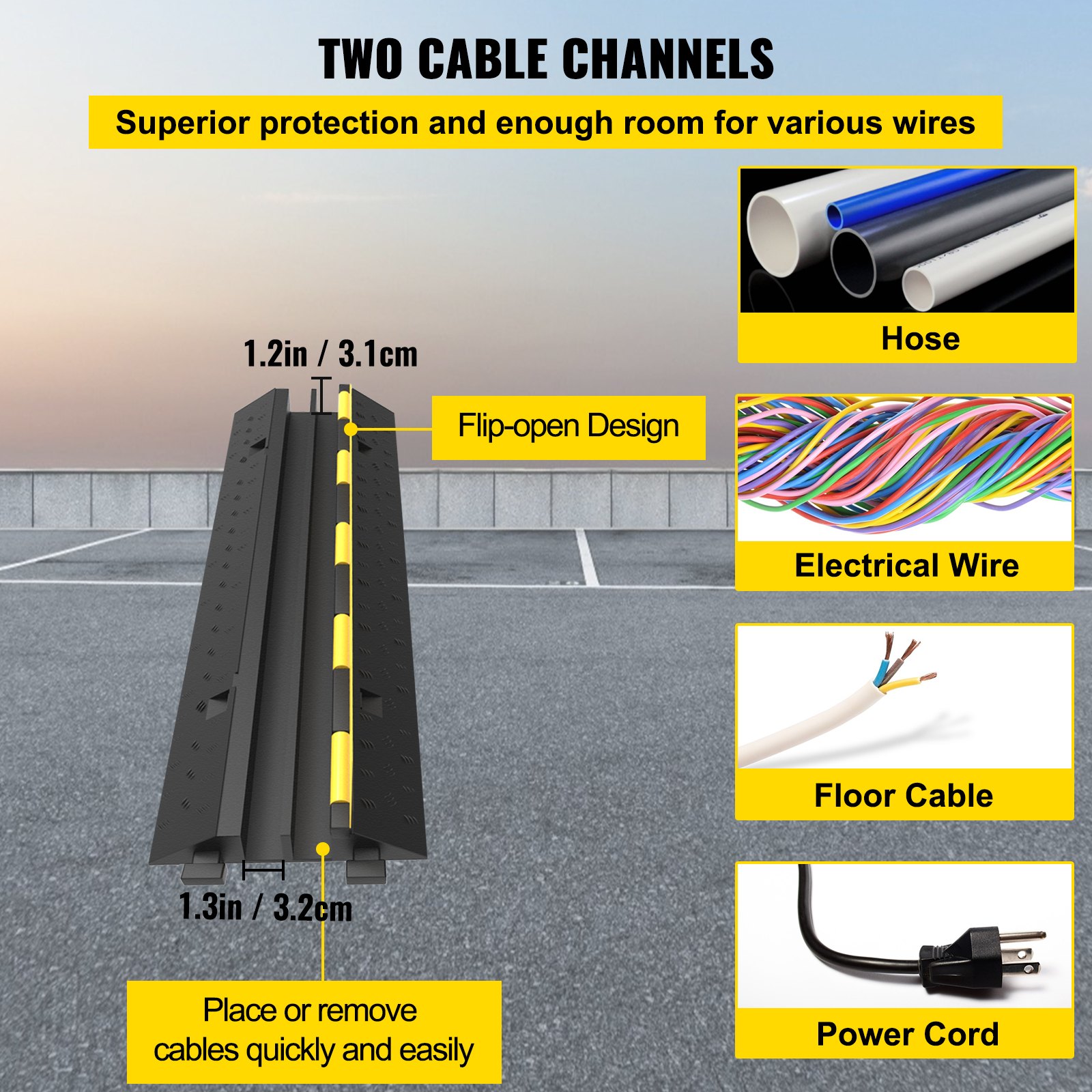 VEVOR Cable Protector Ramp, 4 Packs 2 Channels Speed Bump Hump, Rubber Modular Speed Bump Rated 11000 LBS Load Capacity, Protective Wire Cord Ramp Driveway Rubber Traffic Speed Bumps Cable Protector