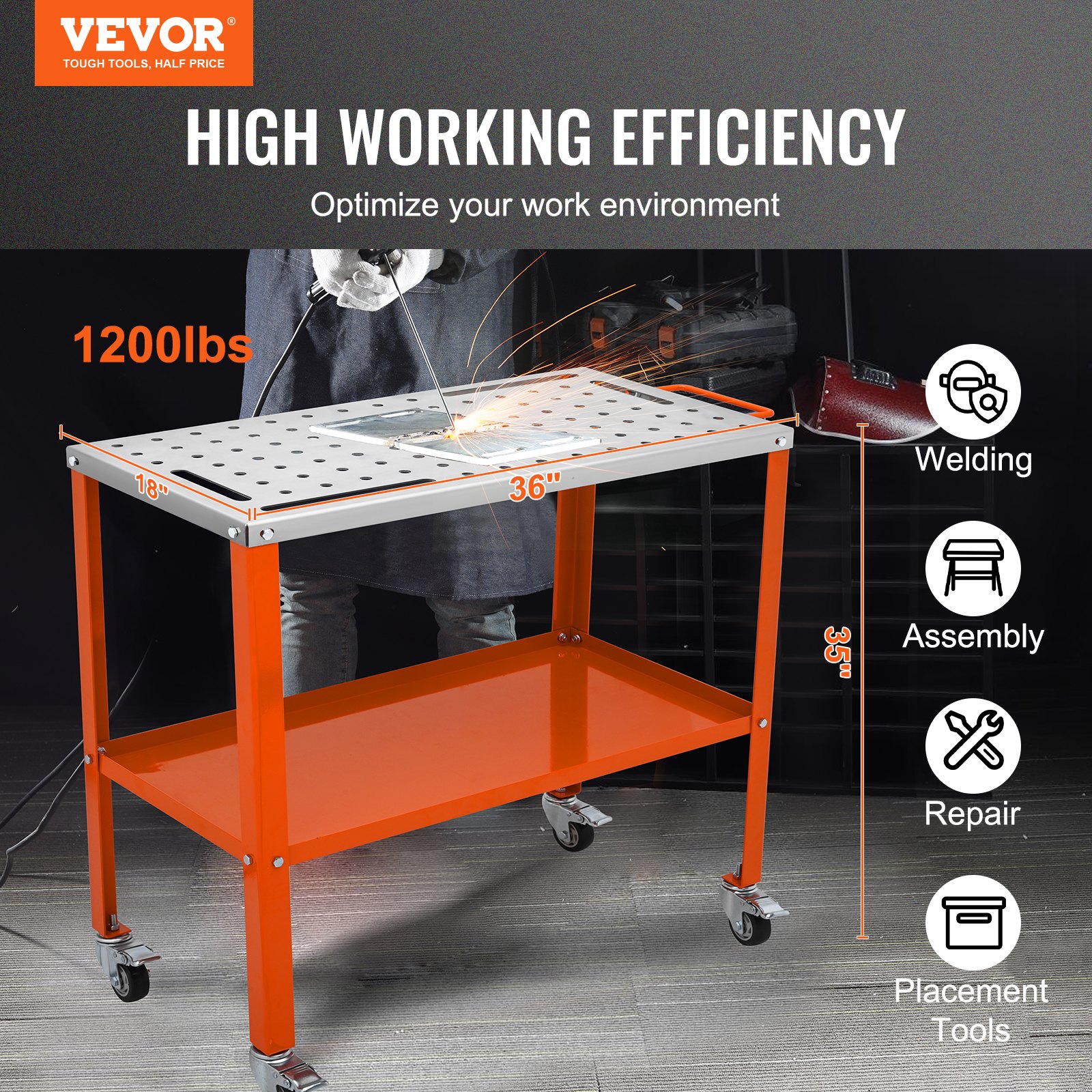Main product image of Welding Table, 1200lbs Load Capacity Steel Welding Workbench Table On Wheels, Portable Work Bench With Braking Lockable Casters, 4 Tool Slots,
