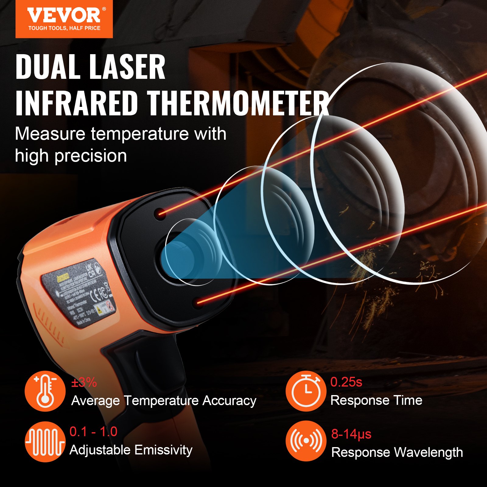 Infrared Thermometer, Dual Laser Temperature Gun Non-Contact, Handheld IR Heat Temperature Gun With Adjustable Emissivity