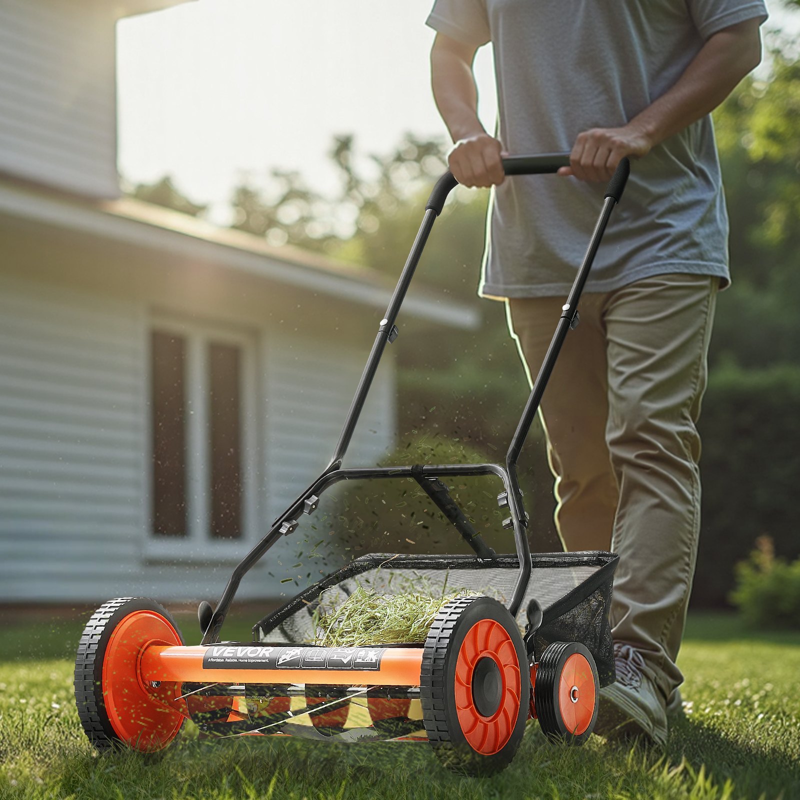 Manual Push Reel Lawn Mower 5-Blade Adjustable Height Grass Catcher 4 Wheels