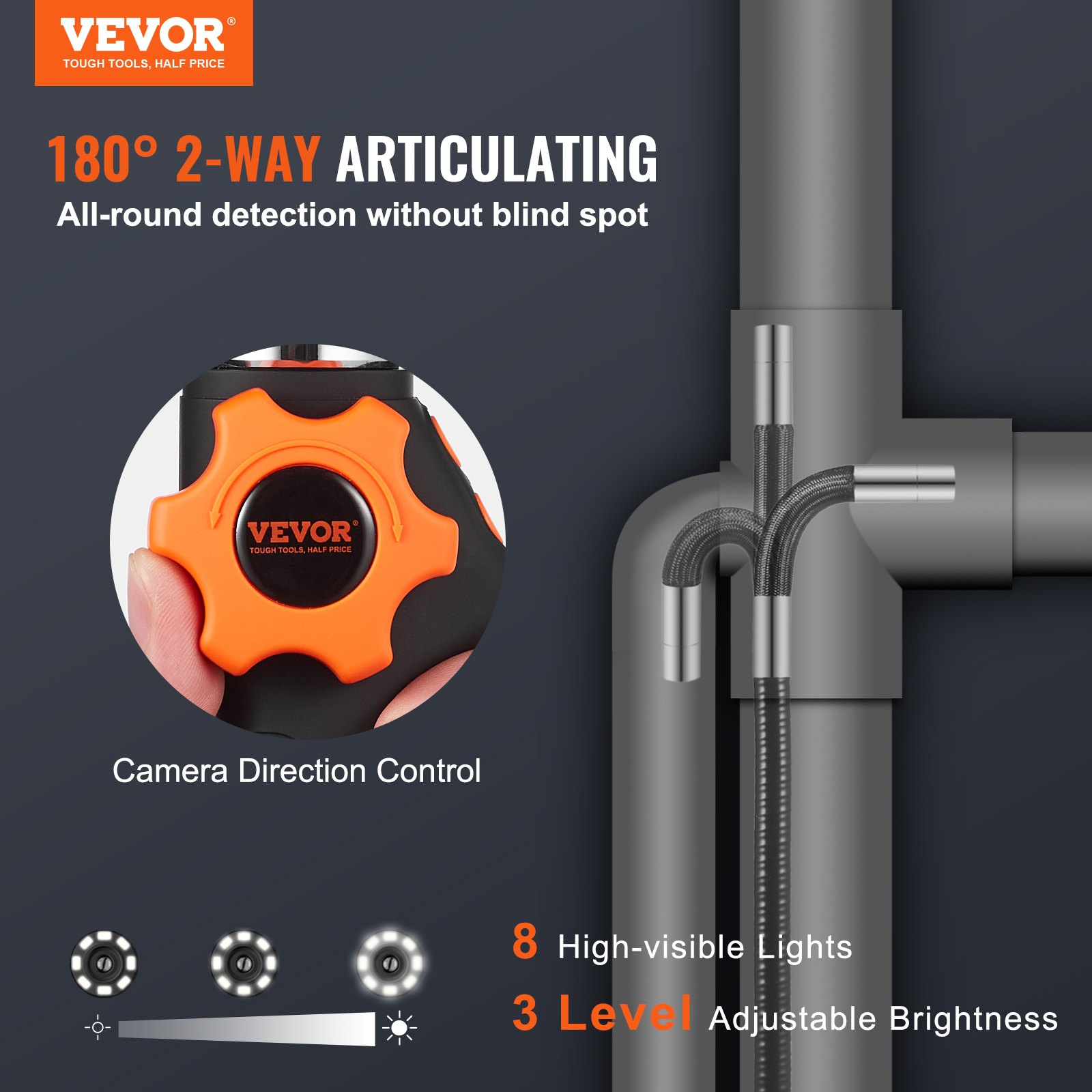 Borescope Endoscope Two-Way   Articulating  IPS 8X Zoom 6.4mm Lens