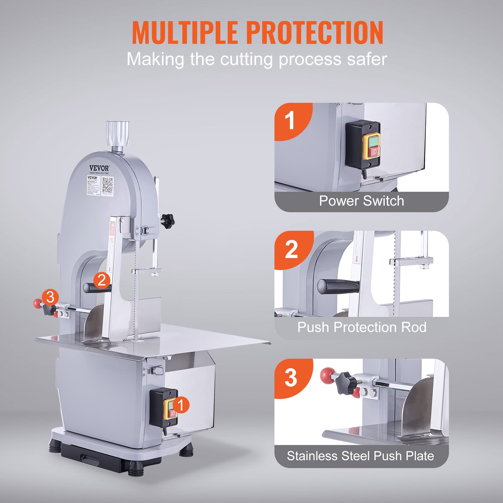 1500W Commercial Electric Countertop Meat Bandsaw, 0.16-7.9 Inch Cut, 6 Blades