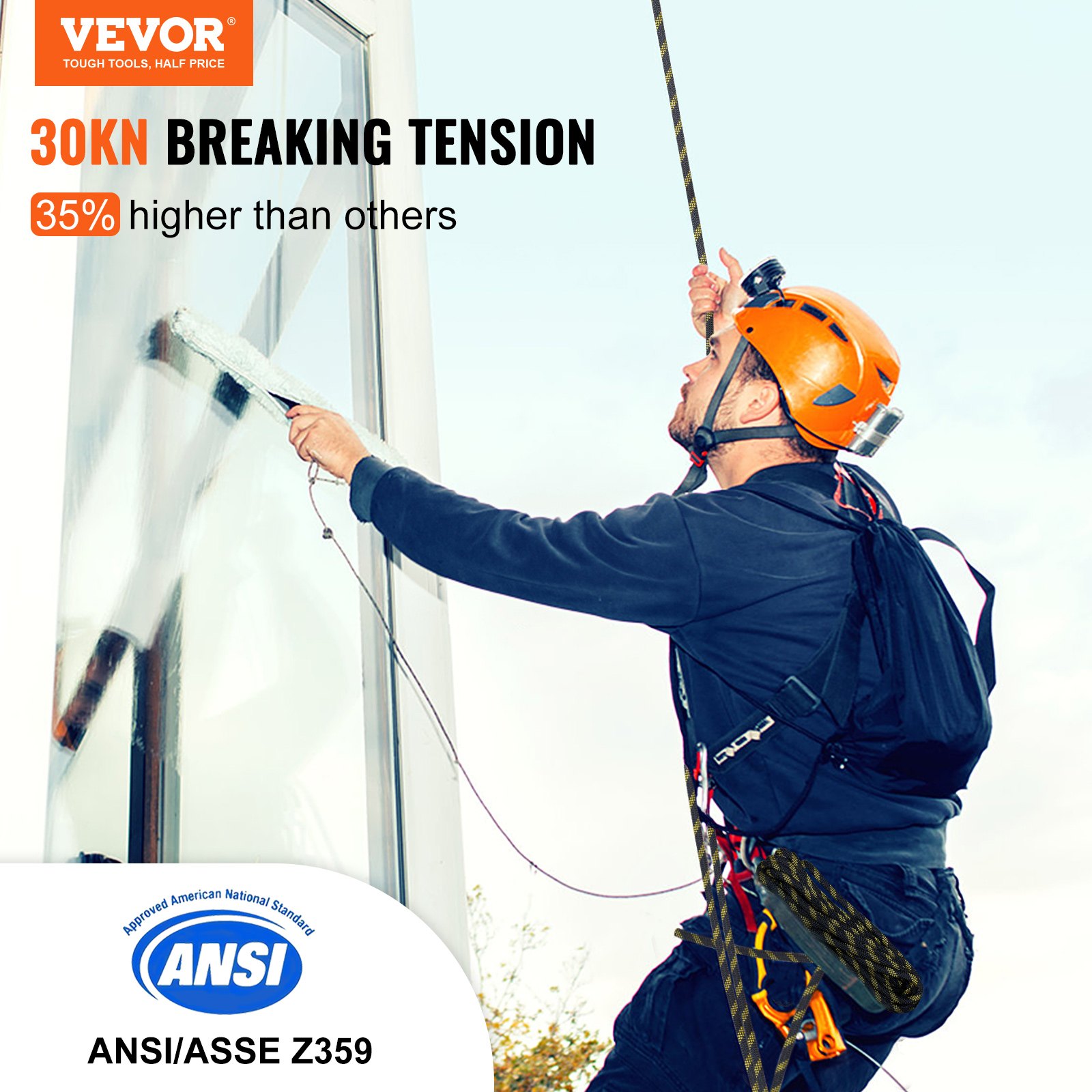 Vertical Lifeline Assembly, Fall Protection Rope With 30 KN Breaking Tension, Polyester Roofing Rope With Steel Snap Hooks, Rope Grab, And Shock Absorber, ANSI Compliant