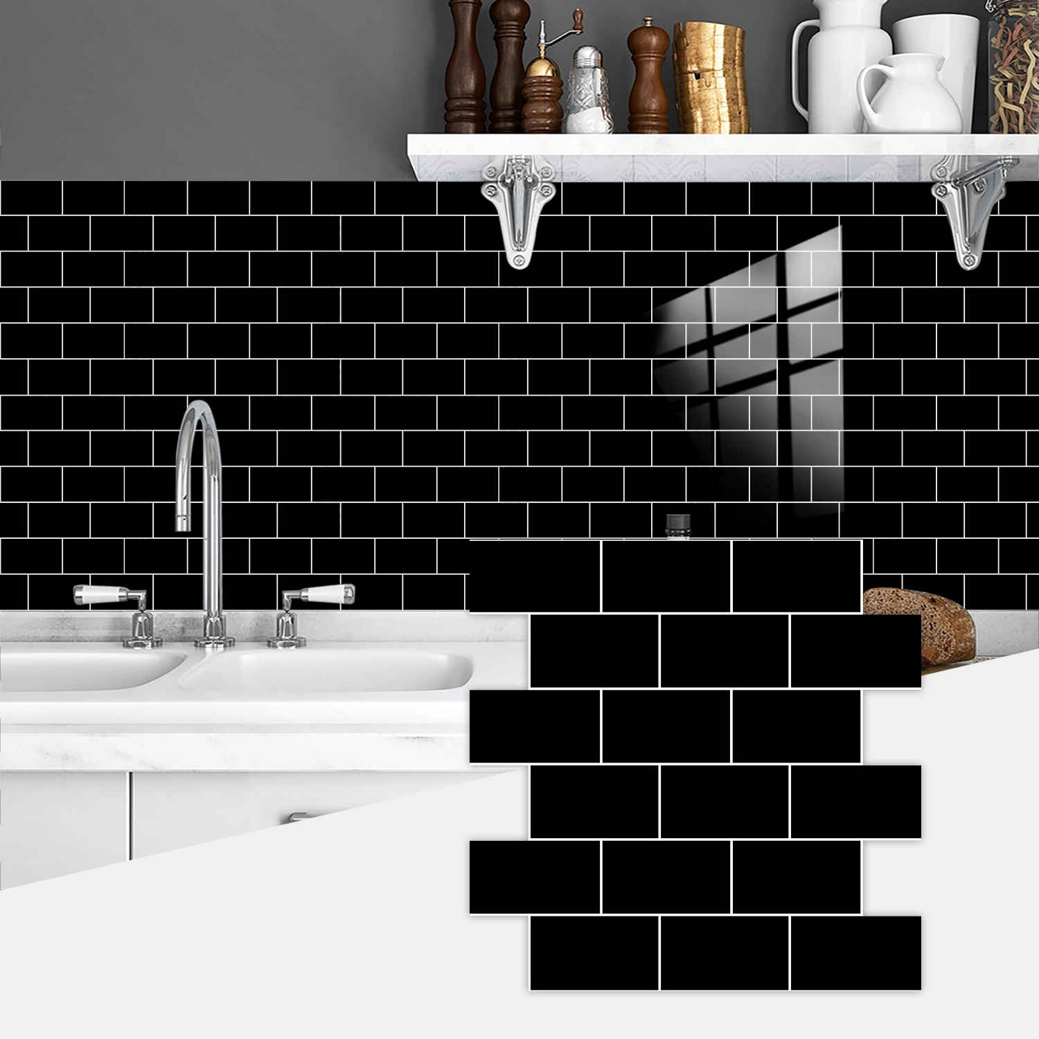 Black Design Glossy Peel And Stick Wall Tiles, Transfer Self-adhesive Waterproof Easy To Clean, Apply To Kitchen And Bathroom Splashbacks