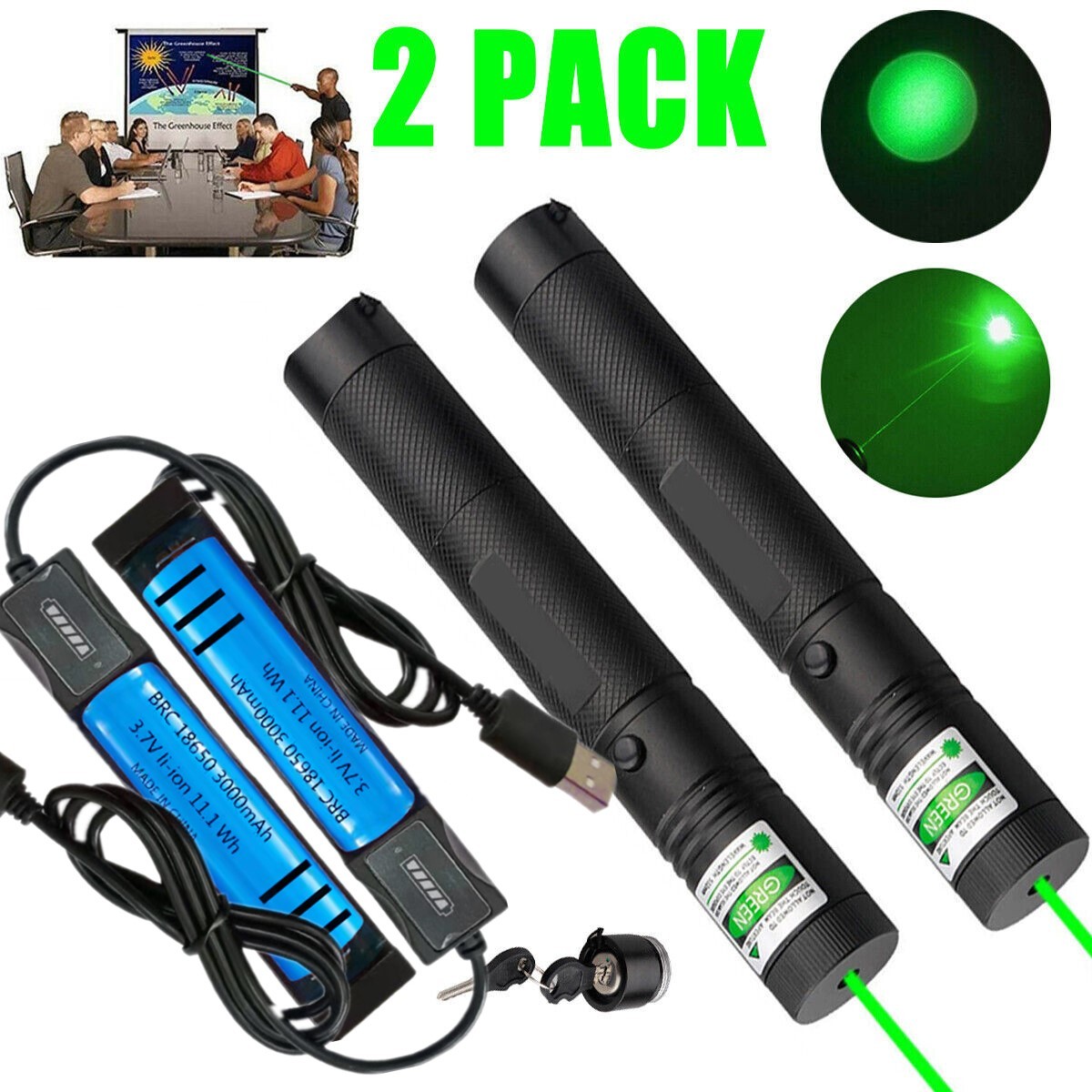 Green Laser Pointer Pen Light 9900Mile Strong Visible Beam Lazer Torch 532nm USB Rechargeable Flashlight