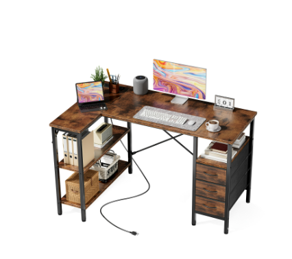 L-shaped Computer Gaming Table With Monitor Stand, 3 Drawers, USB Interface, Power Socket, Corner Workstation