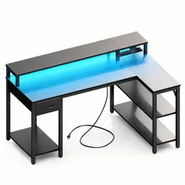 53-inch Gaming Table With USB Charging Port And LED Light, Reversible L-shaped Table With Power Socket And Monitor Stand