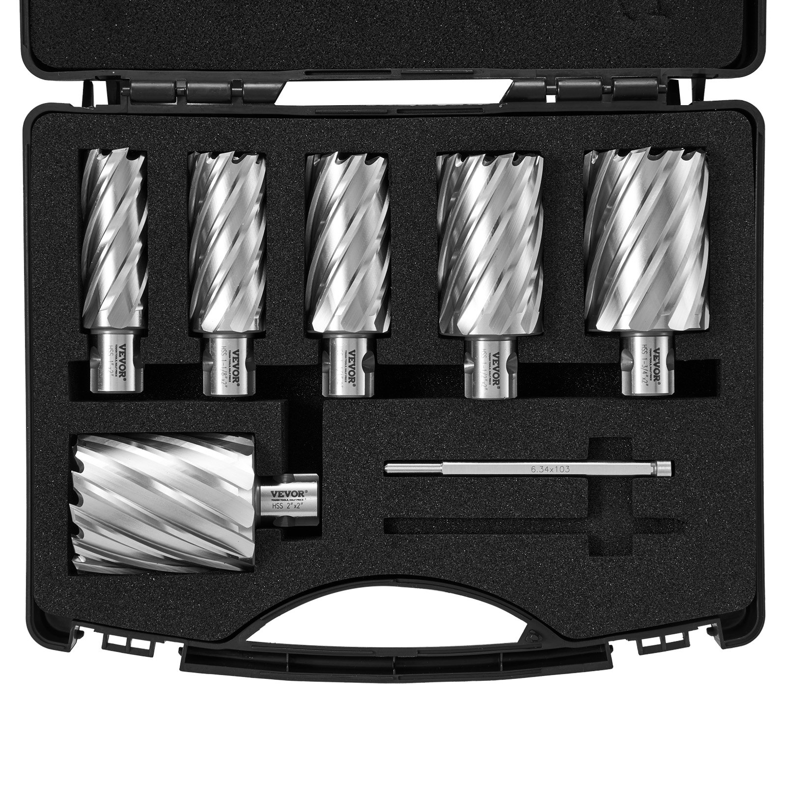 Annular Cutter Set,6 Pcs Universal Shank Mag Drill Bits,5.1 Cm Cutting Depth, 2.5 To 5.1 Cm Cutting Diameter, M2AL High-Speed Steel, With 2 Pilot Pins And Portable Case, For Using With Magnetic Drills