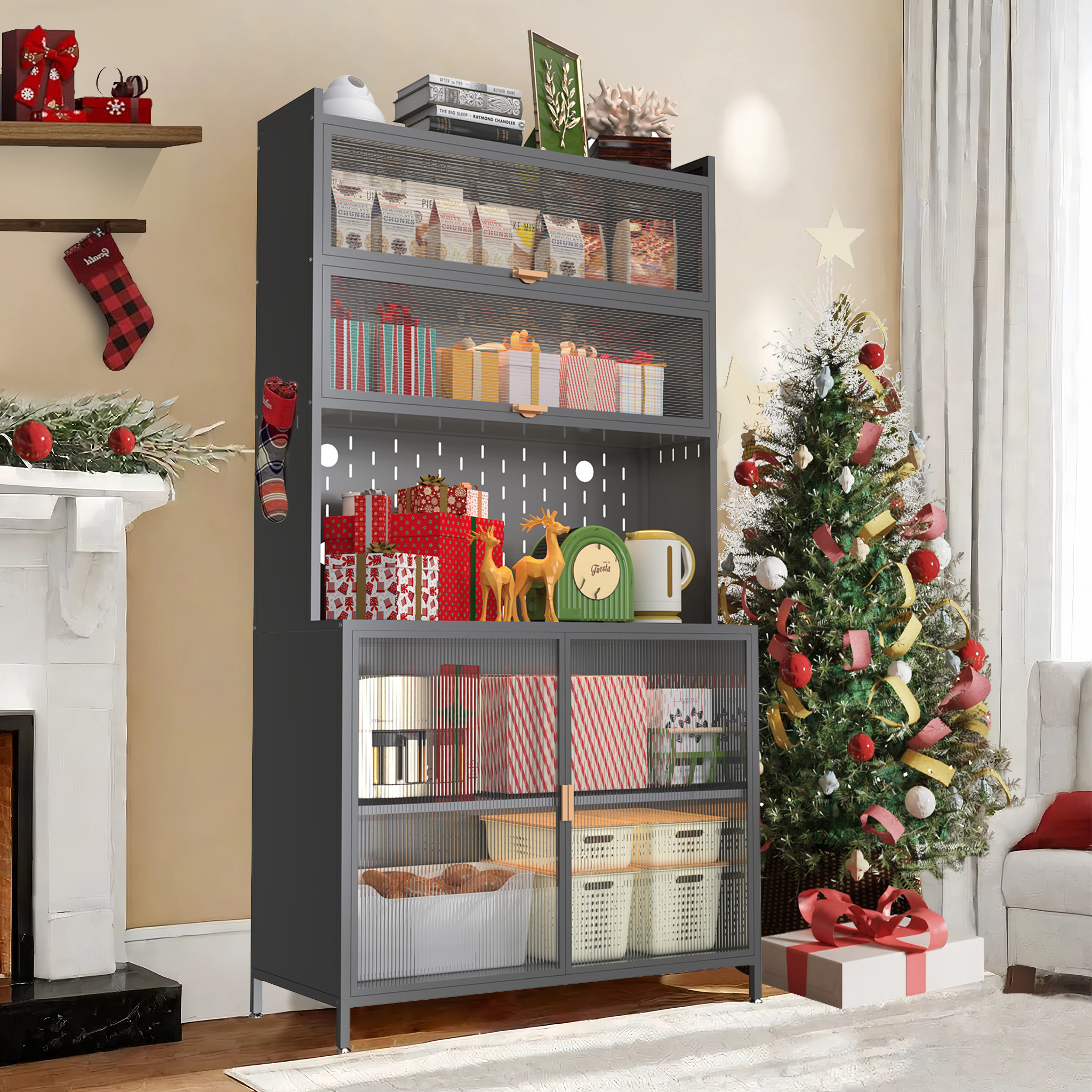 73'' Tall Kitchen Pantry Cabinet , 6 Level Flip Door With Pegboard Spacious, Adjustable & Stylish Metal Pantry Storage Cabinet, Anti-Tip Design Hutch For Kitchen, Dining Room, Living Room Grey