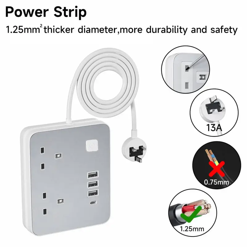 Wiselead YG2K4U 2-Socket Extension Lead With 4 USB 3.1A Smart Fast Charging Overload Protection 10A 240V