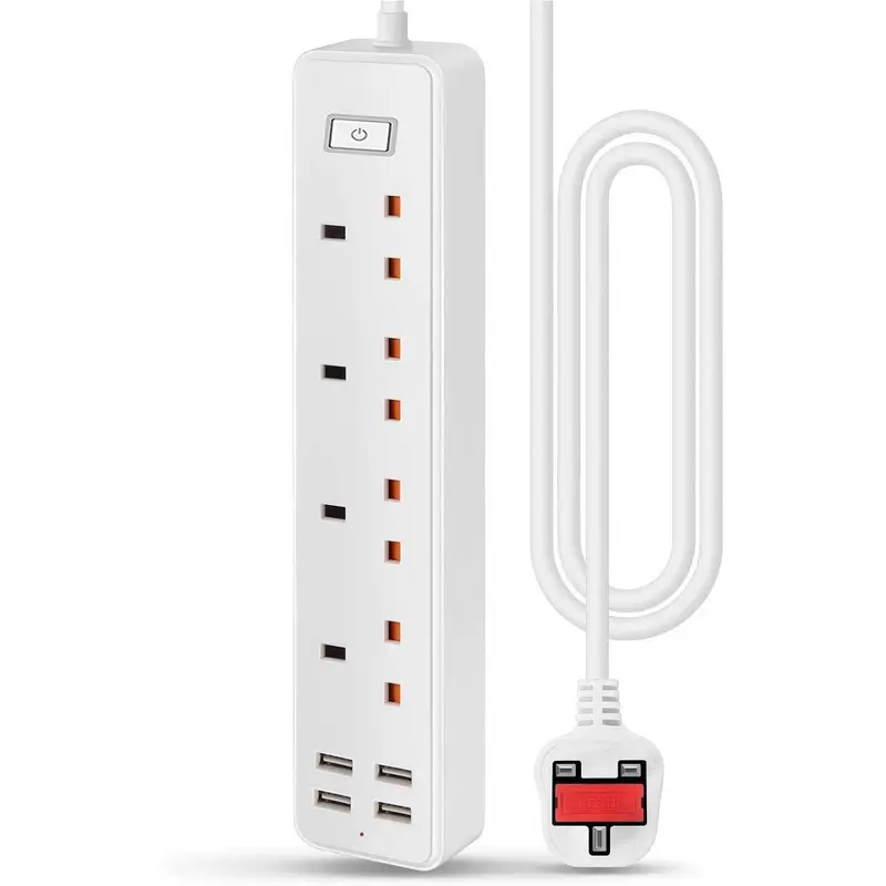 4-Socket Extension Lead With 4 USB 3.4A Smart Fast Charging Total Control 13A 3120W 1.6m Cord Fireproof PC & ABS UK