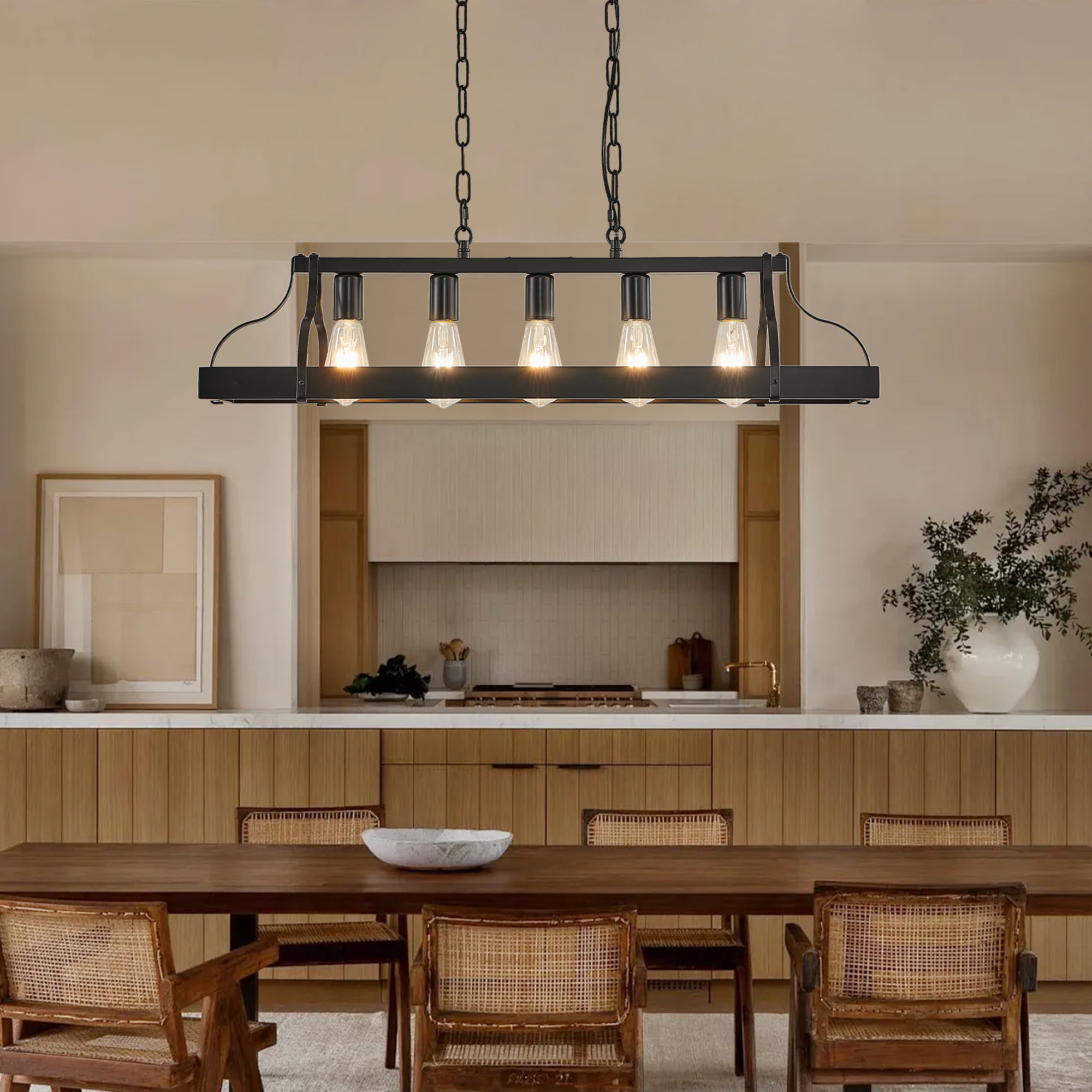 34-Inch Black Industrial Pendant Light With 5 E26 Bulb Sockets, Adjustable Chain Height - Modern Farmhouse Linear Chandelier For Dining Room, Kitchen Island, Or Living Room  Bulb Not Included