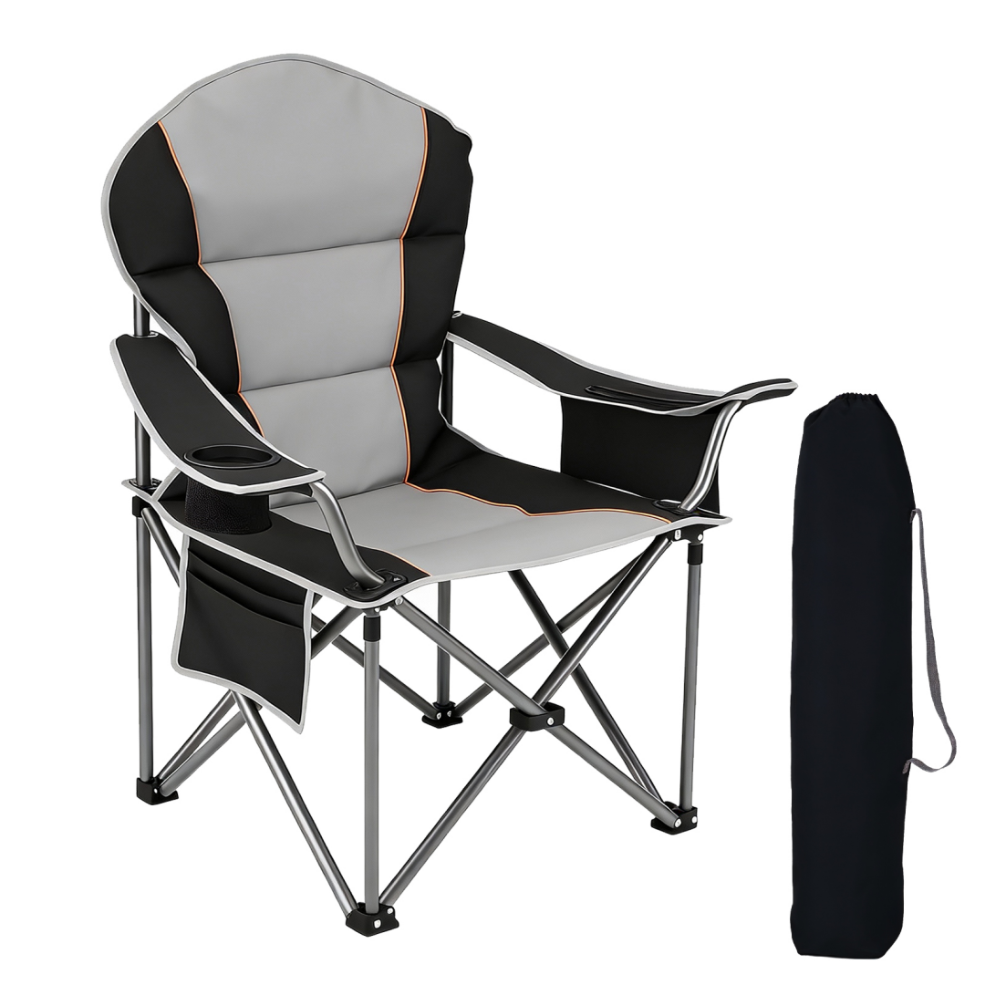 Oversized Camping Folding Chair, Heavy Duty Padded Chair With Cup Holder Storage And Cooler Bag, 5000 LBS Steel Frame, Portable For Outdoor