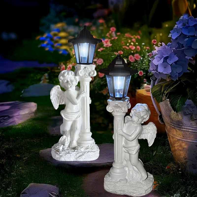 Antique Roman Column Angel Solar-Powered Lamp Ornament Garden Balcony Landscape Light