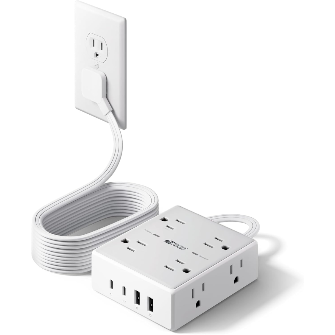 10Ft Extension Cord With Multiple Outlets, Flat Plug Surge Protector Power Strip 10 Ft Long Cord, 8 Outlets & 4 USB