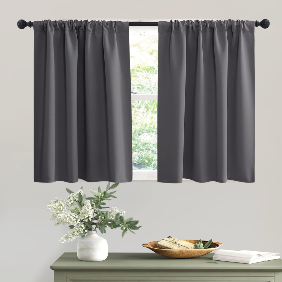 Short Grey Blackout Curtains 2 Panels Thermal Insulated Privacy Drapes For Small Windows W42 X L36