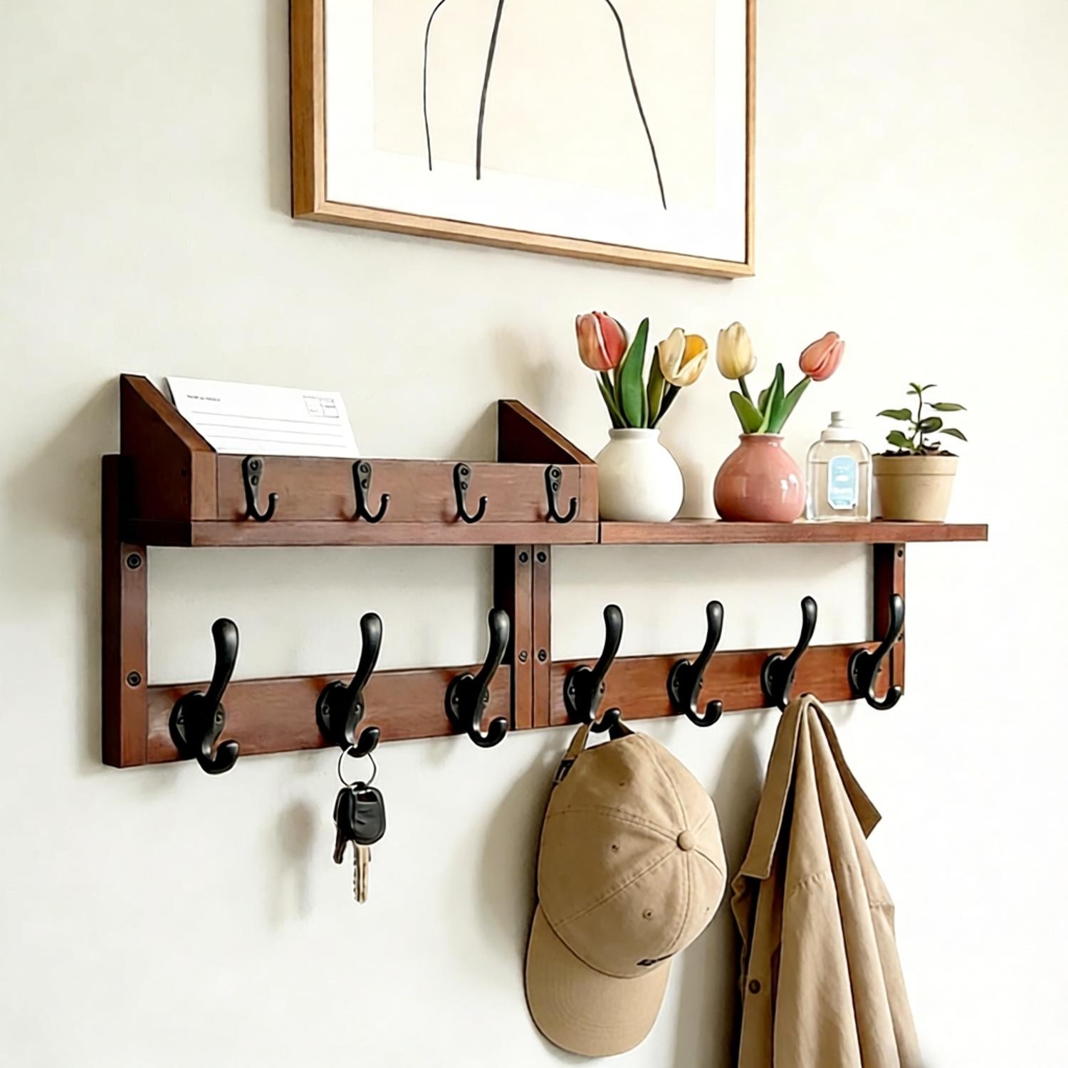 Main product image of Coat Hooks Wall Mounted With Shelf Key Holder Mail Holder 11 Hooks 70cm Rack