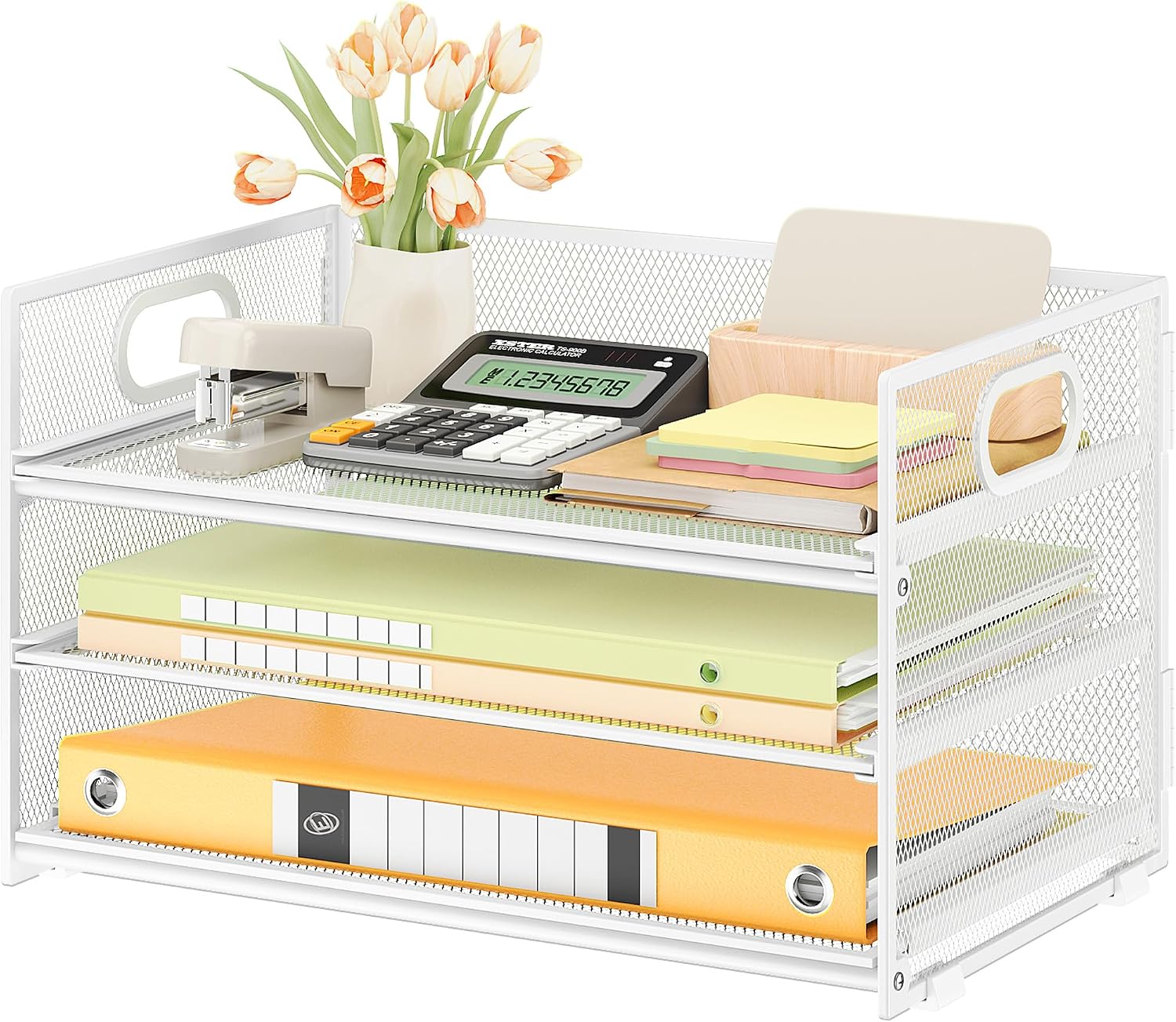 Main product image of 3 Tier Letter Tray Paper Organizer, White Metal Mesh, Sliding Design