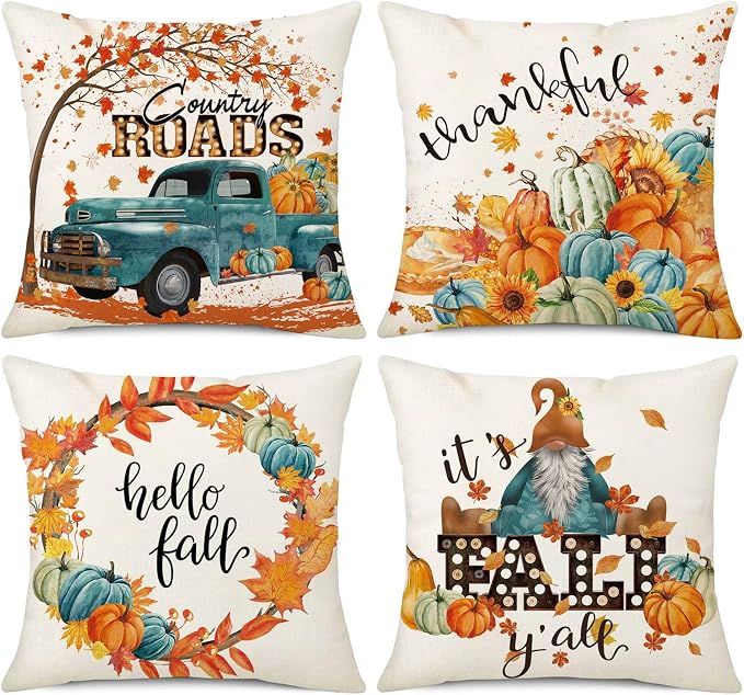 Main product image of 4-Piece Fall Pillow Covers, 18x18 Inch Maple Leaf, Pumpkin, Truck And Gnome Harvest Throw Cushion Cases