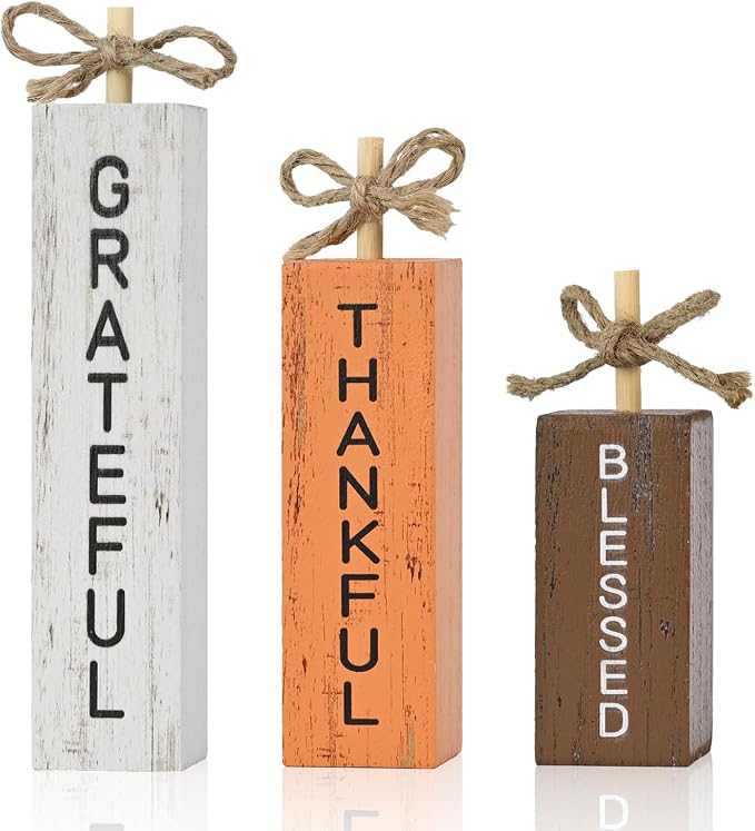 Main product image of Fall Wooden Decor Signs Set With BLESSED GRATEFUL THANKFUL Text For Thanksgiving Home Table Shelf Decor