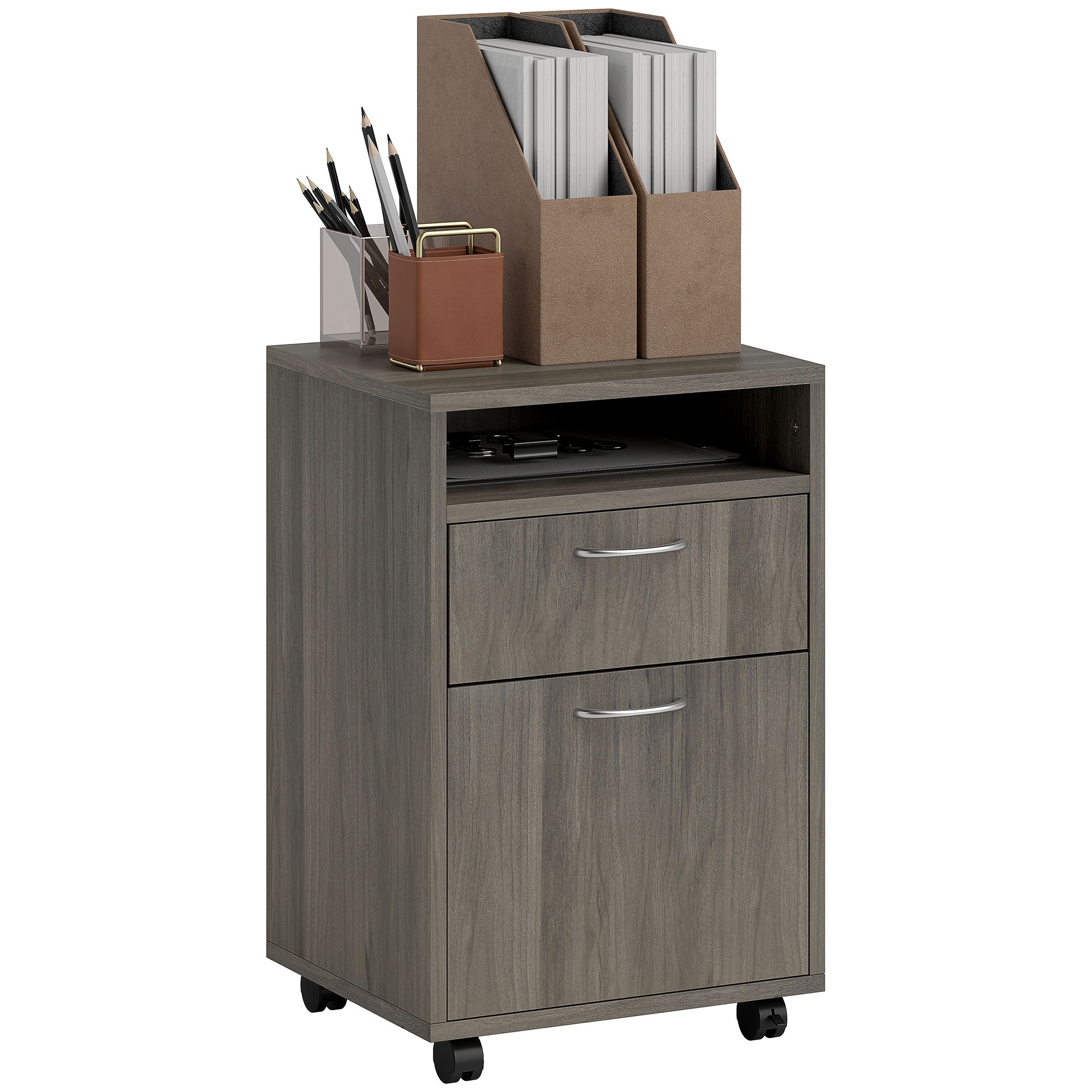 Main product image of Mobile Filing Cabinet, 2 Drawers, Open Shelf, Printer Stand, Grey
