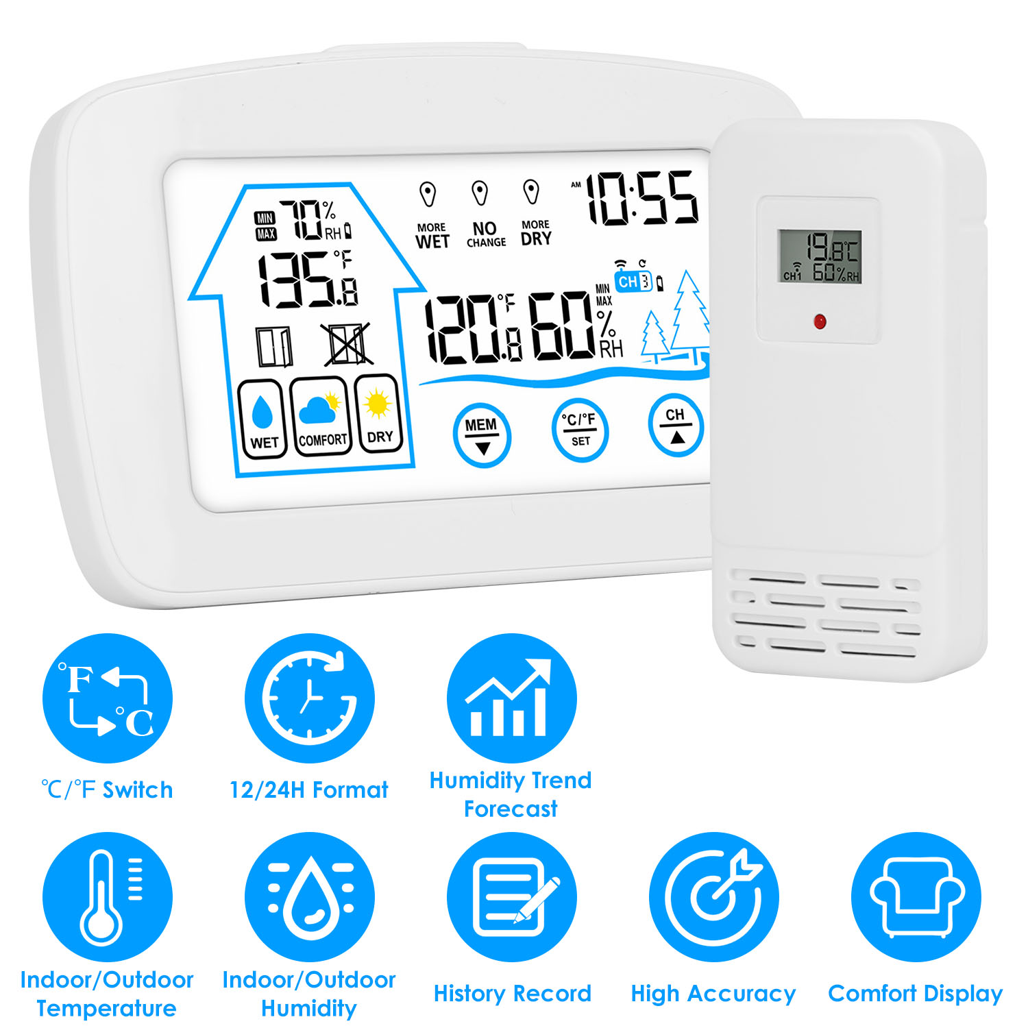 1Pc Wireless Weather Station With Clock 196FT Range Indoor Outdoor Thermometer Sensor Temperature And Humidity Monitor Humidity Forecast Battery Powered Backlight Display