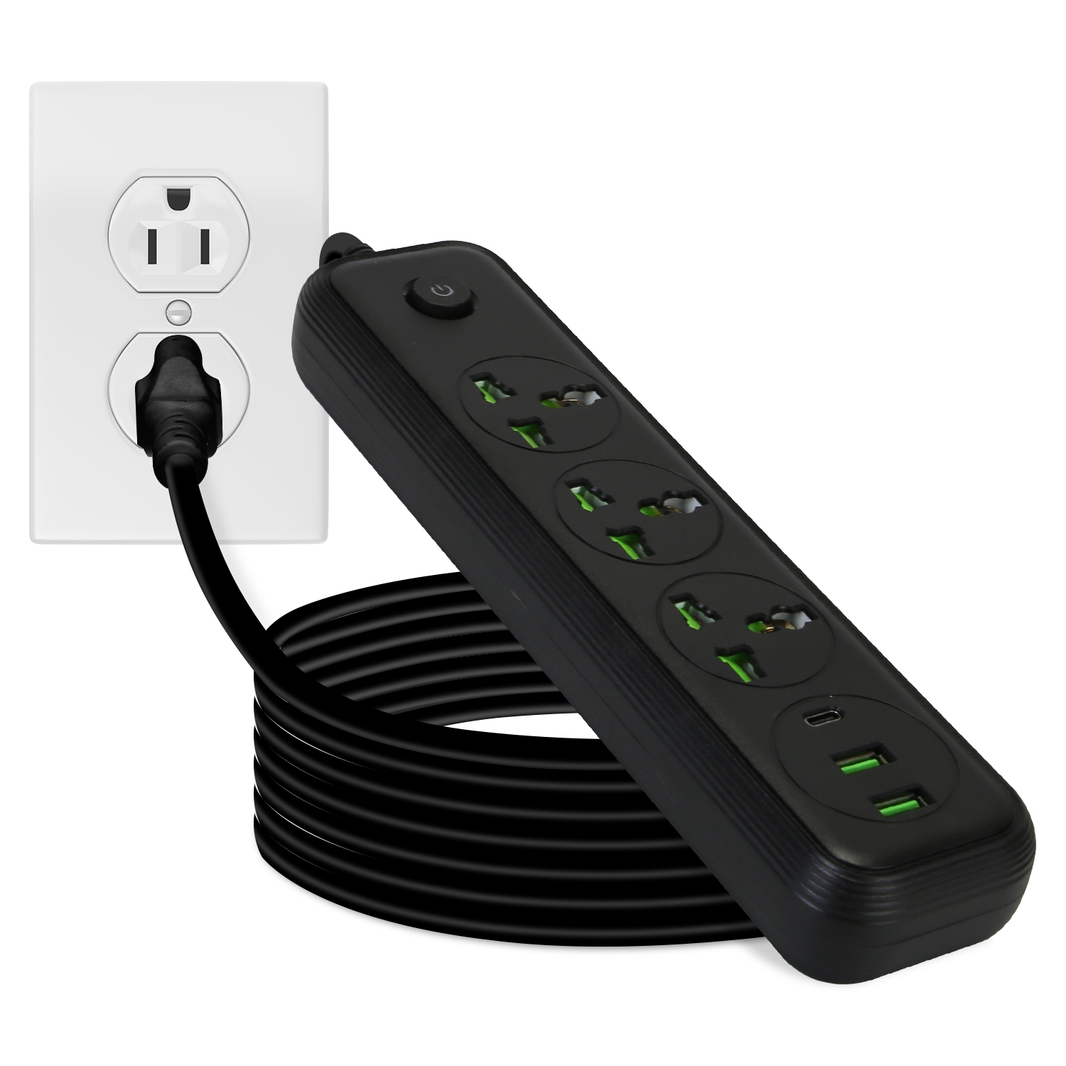 1Pc Power Strip With 6FT Extension Cord 3 AC Outlets And 2 USB A Ports 1 USB C Port 2500W Wall Mount Outlet Extender For Home Office Dorm Travel