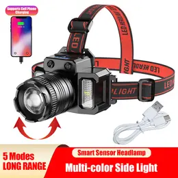 LED Telescopic Headlamp Head Torch Rechargeable Motion Sensor Headlight Zoomable 5 Modes Emergency Light For Camping