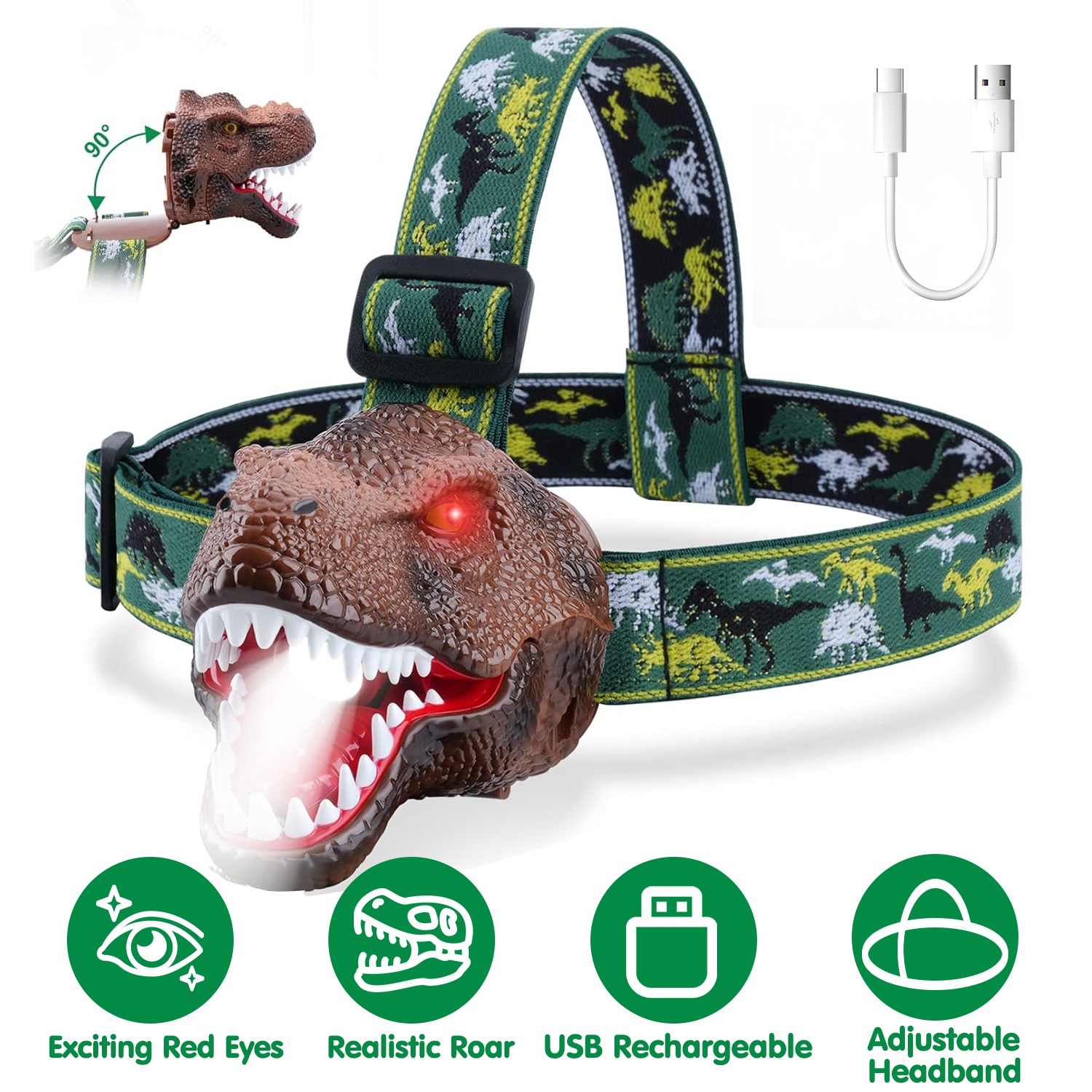 1Pc Dinosaur Headlamp Kids Headlight Dinosaur Flashlight With Realistic Roar Sound 4 Modes Adjustable Headband Kid Camping Gear Unique Gifts For Boys