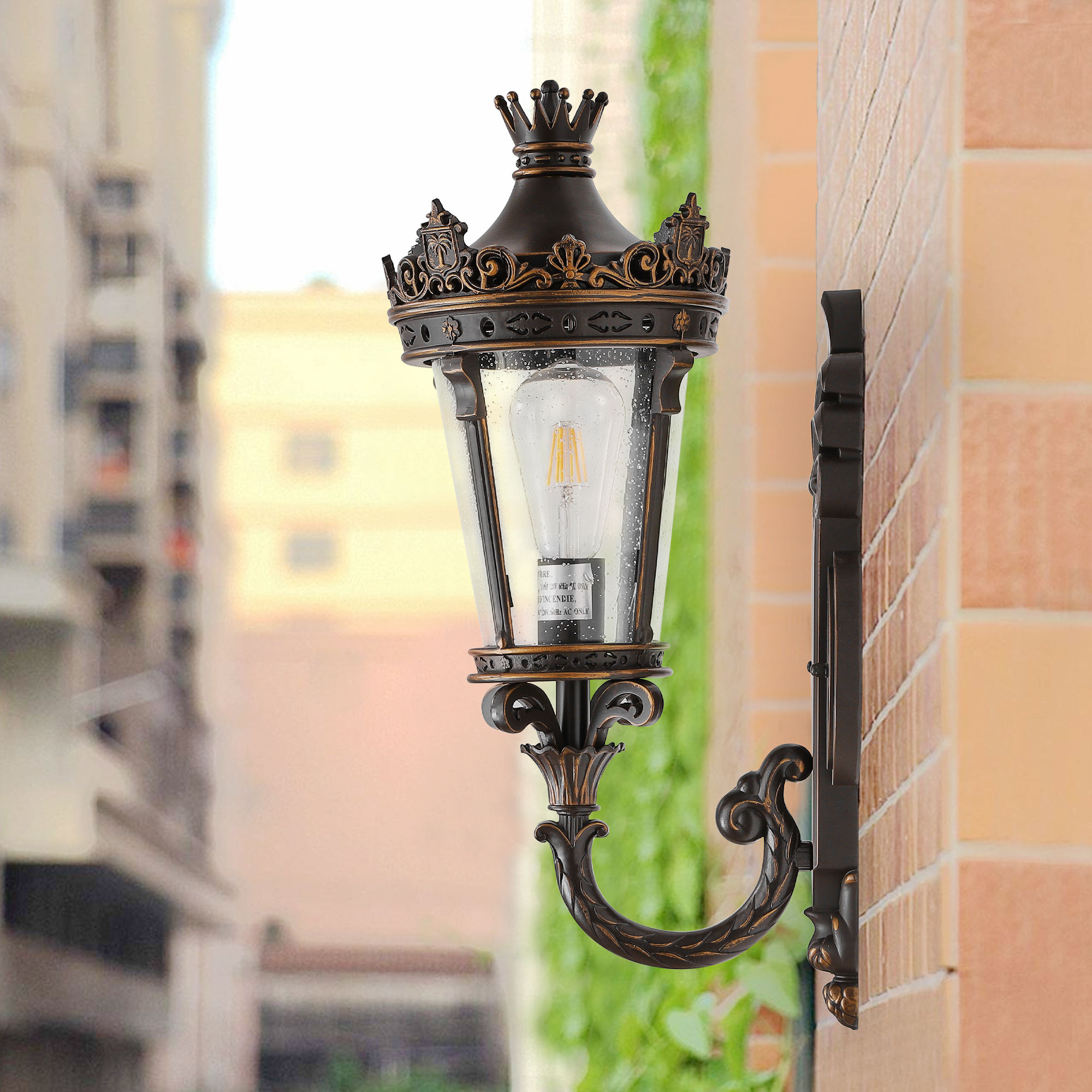 21"(H) Vintage Outdoor Wall Lantern, Waterproof Exterior Wall Sconce with Crown Top and Clear Glass, Decorative Outdoor Lighting Fixture for Patio, Garden, or Entryway (One piece&No bulb)