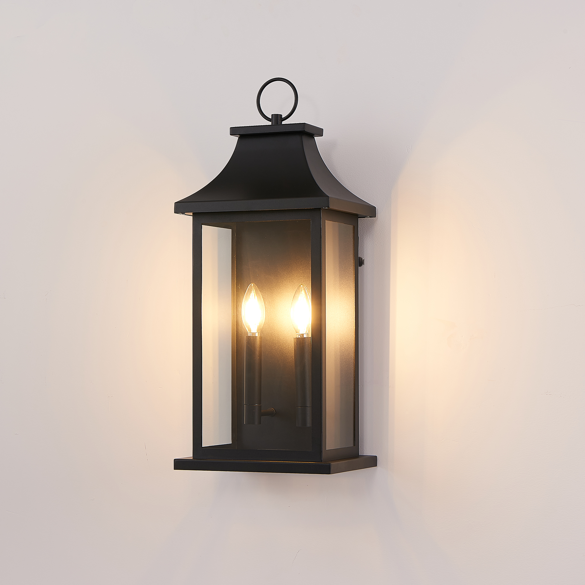 Dusk to Dawn Outdoor Wall Lantern 2-Light, 22.2" Large Outside Wall Sconce, Modern Black Wall Light Fixture with Glass, Waterproof Exterior Lamp for House, Porch, Garage