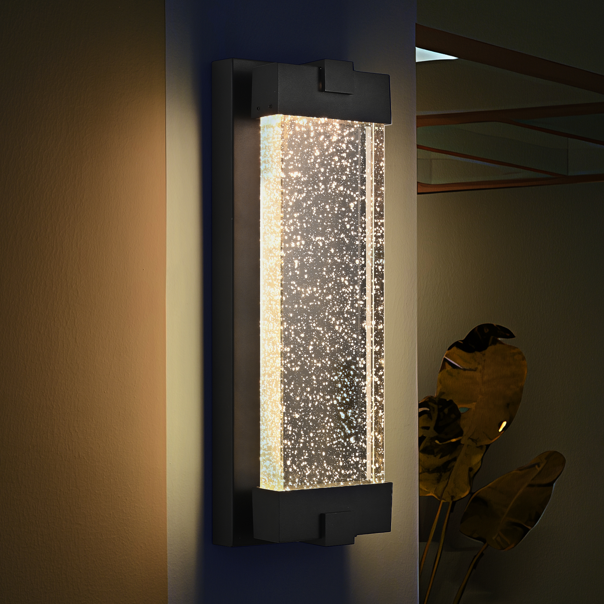 19"(H) Black Aluminum Finish Outdoor Wall Light with Bubble Crystal Glass, LED Light Source, 3000K Warm Light, Weatherproof Exterior Sconce for Patio, Porch, or Garage (1-pack)