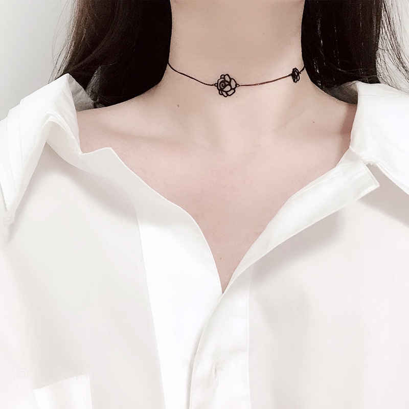 Main product image of Black Cut Out Camellia Neck Chain, Titanium Steel Plated