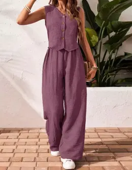 Linen Blend V-Neck Vest & Wide Leg Pants Two-Piece Set