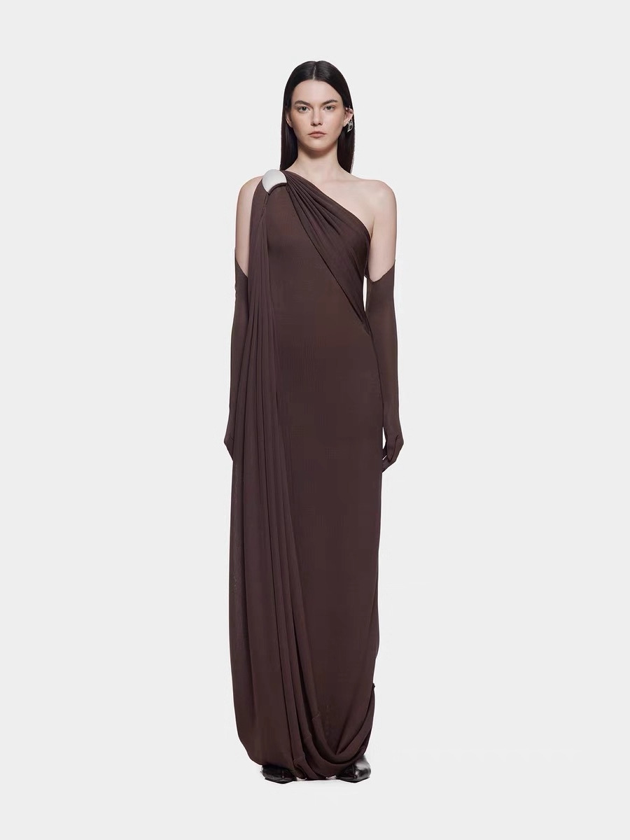 Main product image of Maxi Gown, One Shoulder Draped, with Matching Gloves Set