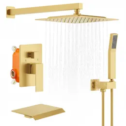 Brushed Gold 10-inch Square Rain Shower Faucet with Handheld & Tub Spout