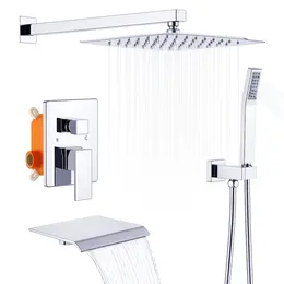 Chrome Tub Shower Faucet Set, 10 Inch Square Rainfall Head, Handheld Sprayer