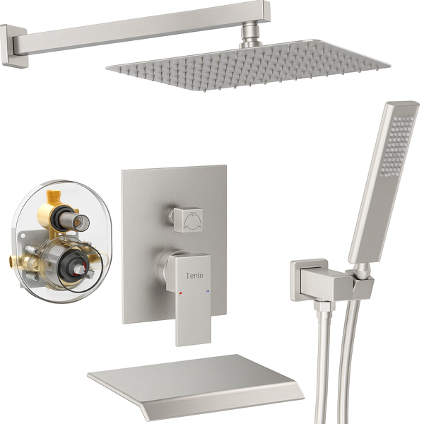 Male NPT Brushed Nickel Shower System, 12 Inch Shower Fixtures Rain Shower Head With Handheld Shower Spray, Wall Mount[Unable Ship Weekends, TK/TEMU Only For Pickup]