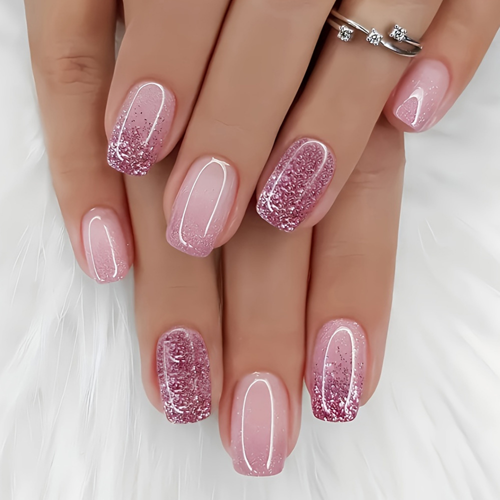 24-piece Long Square Artificial Nails With Ice-translucent Gradient Glitter Design Nail Set.Suitable For Women And Girls.Long-lasting On Nails.