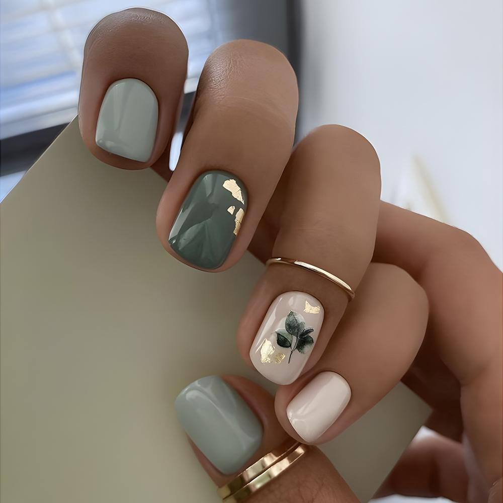 24-piece Short Square Minimalist Green Leaf Design Nail Sets Suitable For Party And Dance Events Or Daily Wear