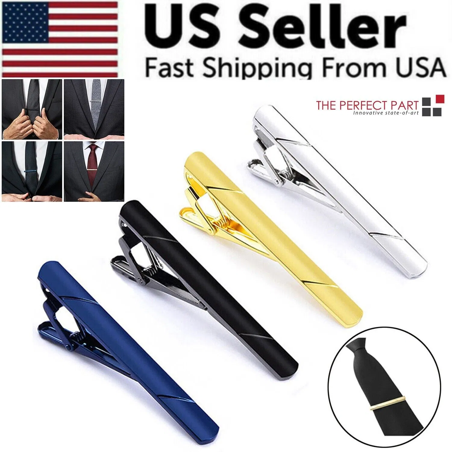 Main product image of 4-Piece Stainless Steel Tie Clip Set, Gold, Black, Silver