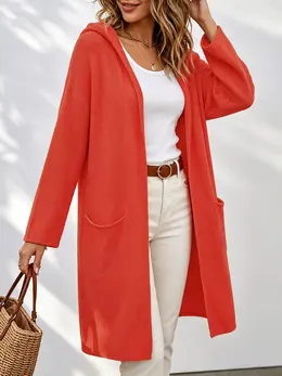 Spring Fall Daily Hooded Long Cardigan, Ladies Oversized Open Front Knit Coat Acrylic Fabric