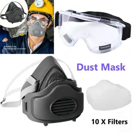 Half Face Respirator Gas Mask Facepiece Spray Painting Safety Glasses For 3200 With 10 Replaceable Filters And Anti-fog Goggles