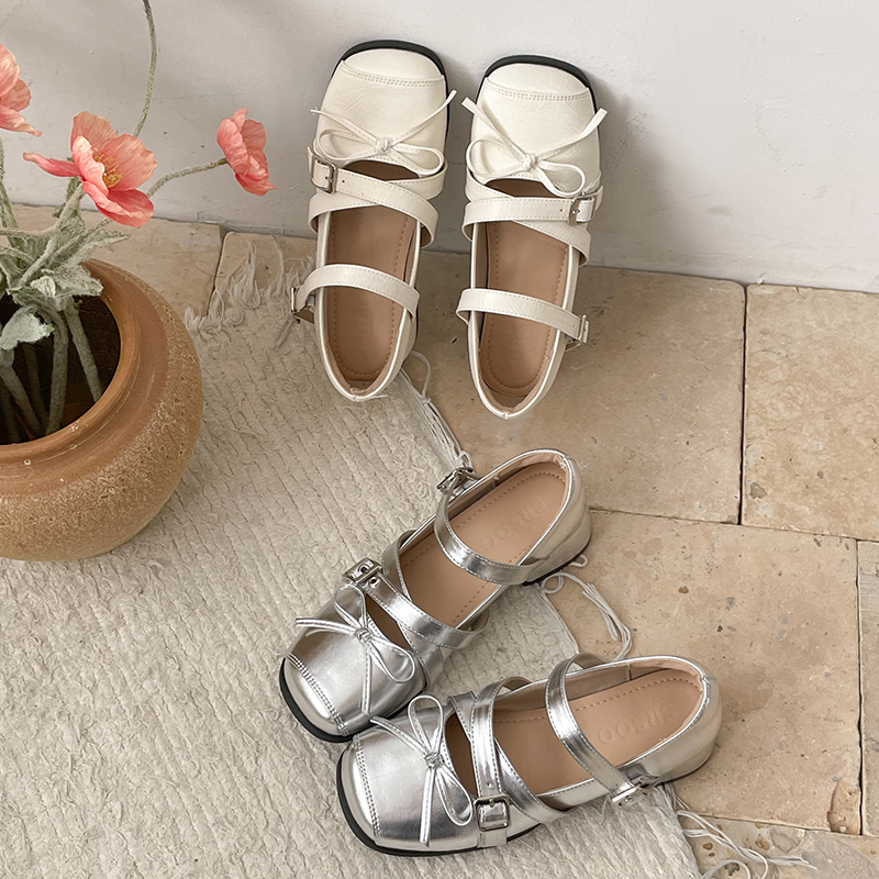 Square Bow Belt Buckle Silver Mary Jane Shoes Single Shoe Soft Sole Ballet Shoes