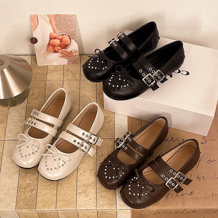 Women Y2K Punk Rivet Front Bow Double Strap Mary Jane Flats, Round Split Toe Soft Wrinkled Leather Two Buckle Casual Student Uniform