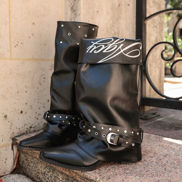 Main product image of New Retro Pointed Toe Rivet Slouch Boots, Dark Aesthetic Black Block Heel Stacked Boots With Metal Buckle For Women